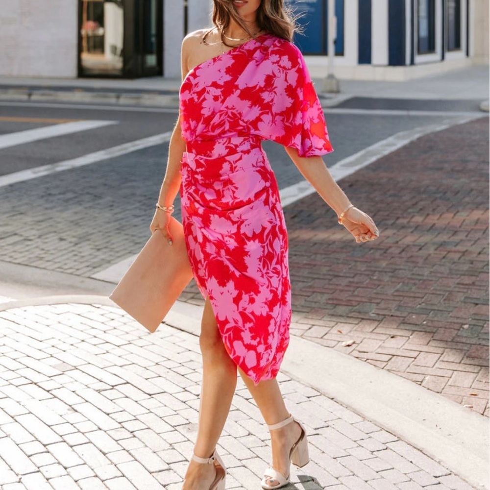 NWT Do+Be hot pink floral one shoulder midi dress